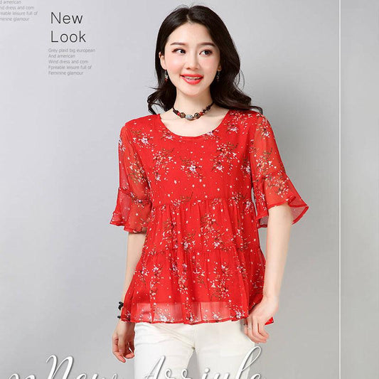 Chiffon Shirt Short-sleeved Plus Size Women's Blouse Floral Loose T Round Neck Small Shirt Chiffon Fabric Light and Breathable Cool