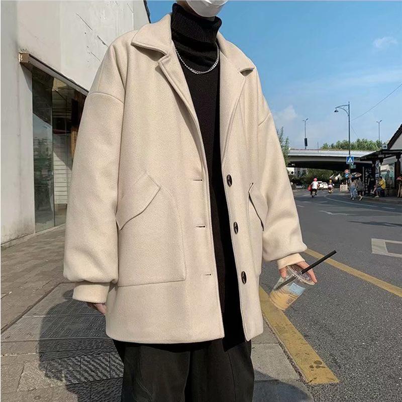 Men's Casual Windbreaker Medium and Short Woolen Thick Coat Tooling British Style Warm Long-sleeved Button Coat