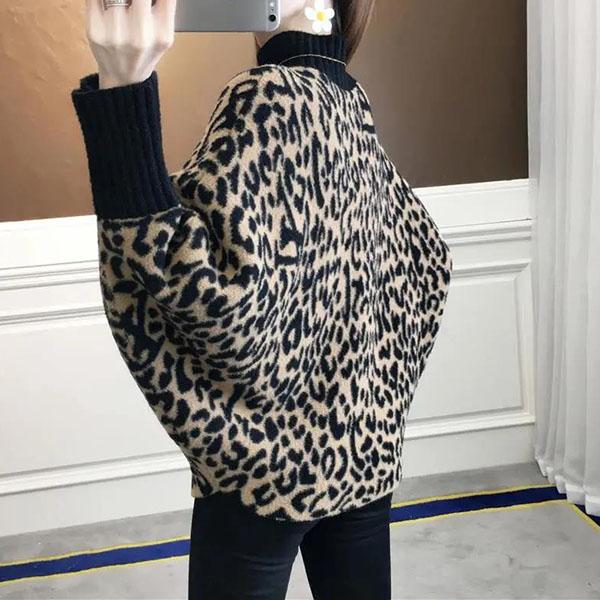 Women's Autumn High Neck Leopard Print Sweater Winter Large Size Loose Pullover Long Batwing Sleeve Knitted Top