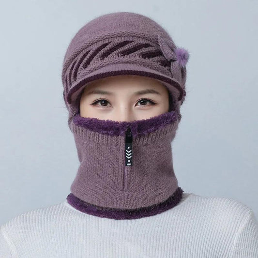 Women's Hat Bib One Piece Winter Warm Cycling To Keep Warm Artifact Mother Hat Zipper Fleece Facial Mask Caps Female Floral Knitted Scarf Hat Set