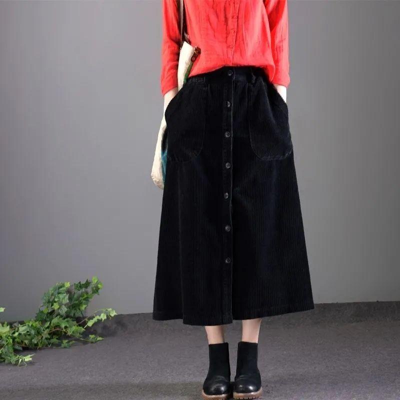 Corduroy A-line Skirt Women Loose Fall/winter Single-breasted Plus Size Skirt High-waisted Corduroy Long Skirt with Pockets