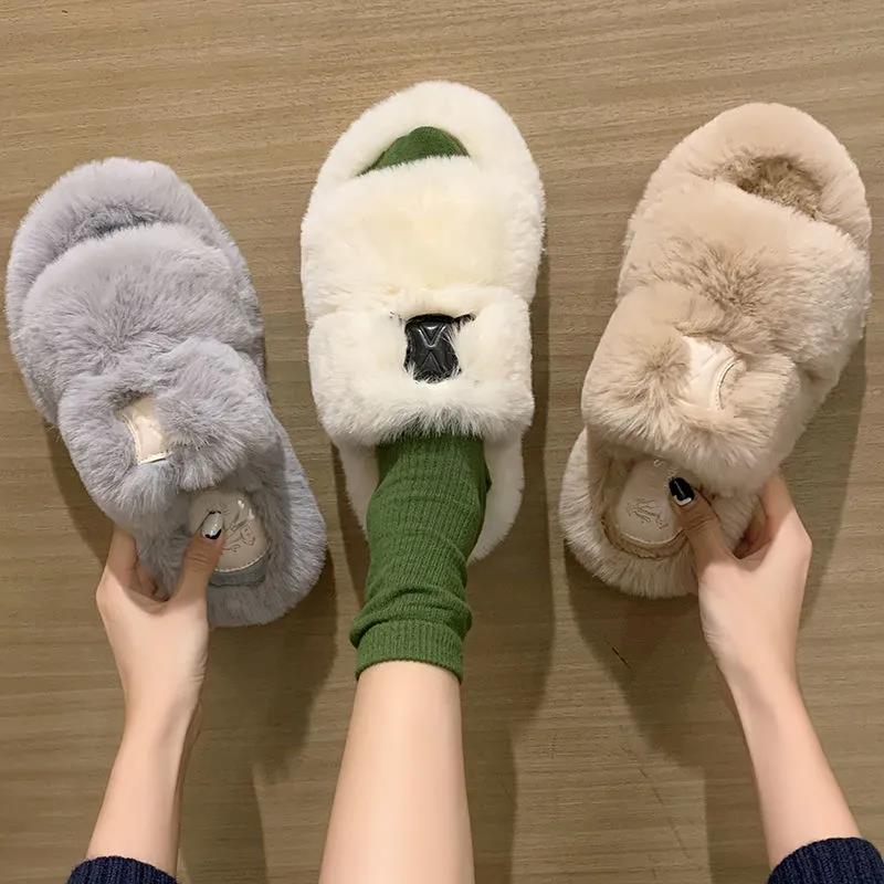 Ladies Cotton Slippers Plush Slippers Fall Winter Fashion Outer Wear All-match Flat Flat Shoes