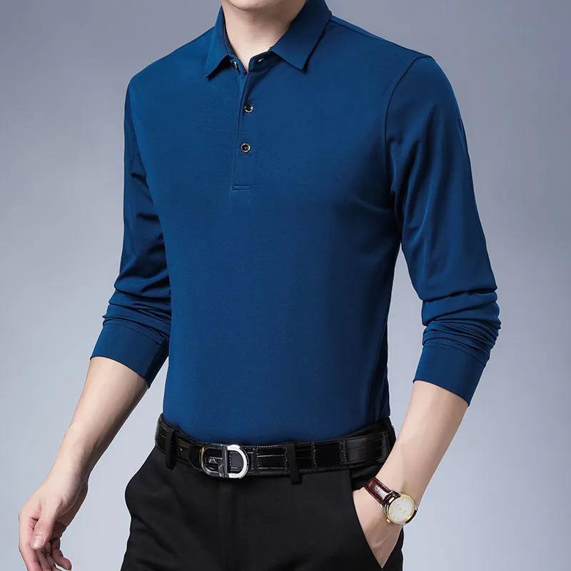 Men's Long-sleeved T-shirt Autumn Lapel Solid Color Business Shirt Casual Loose Polo Bottoming Shirt