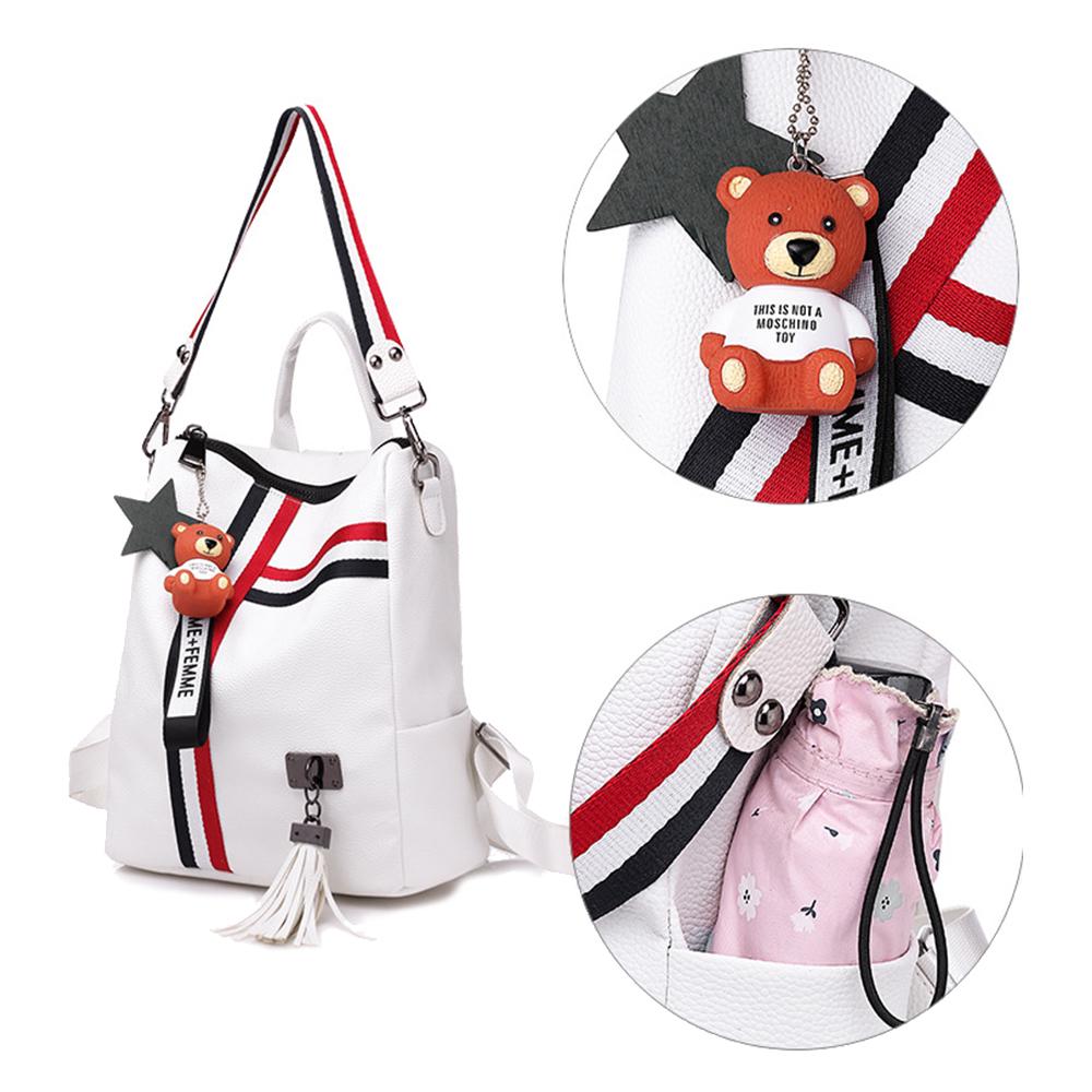 Fashion Cartoon School Bag Female PU Leather Travel Bag Gril's Stripe Pendant Backpack