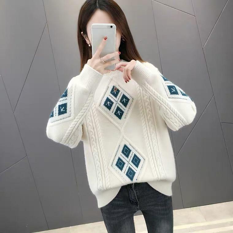 Thickened Twist Diamond Jacquard Pullover Sweater Women's New Fall/winter Round Neck Loose Lazy Sweater