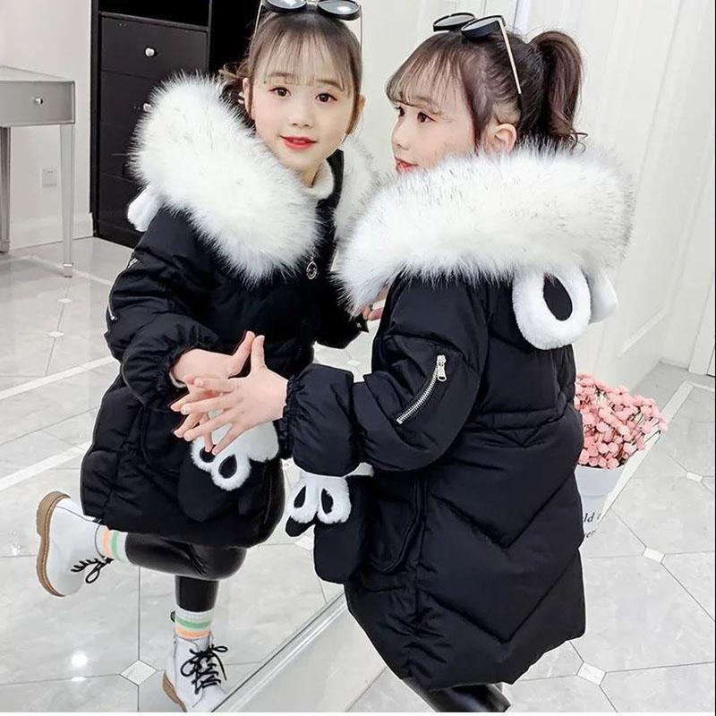 Girls Plus Velvet Thick Warm Cotton Coat Winter Korean Windproof Cotton Clothing Mid-length Cotton-padded Jacket with Gloves