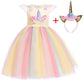 Girls Unicorn Tutu Dress Rainbow Princess Kids Party Dress Children Christmas Halloween Cosplay Costume with Headband Wings