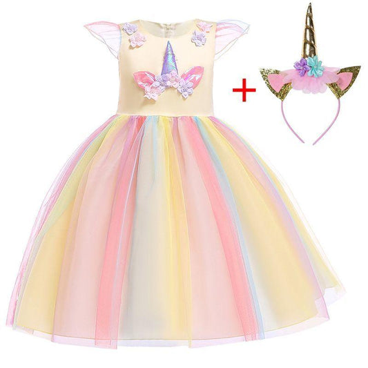 Girls Unicorn Tutu Dress Rainbow Princess Kids Party Dress Children Christmas Halloween Cosplay Costume with Headband Wings