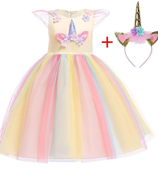 Girls Unicorn Tutu Dress Rainbow Princess Kids Party Dress Children Christmas Halloween Cosplay Costume with Headband Wings