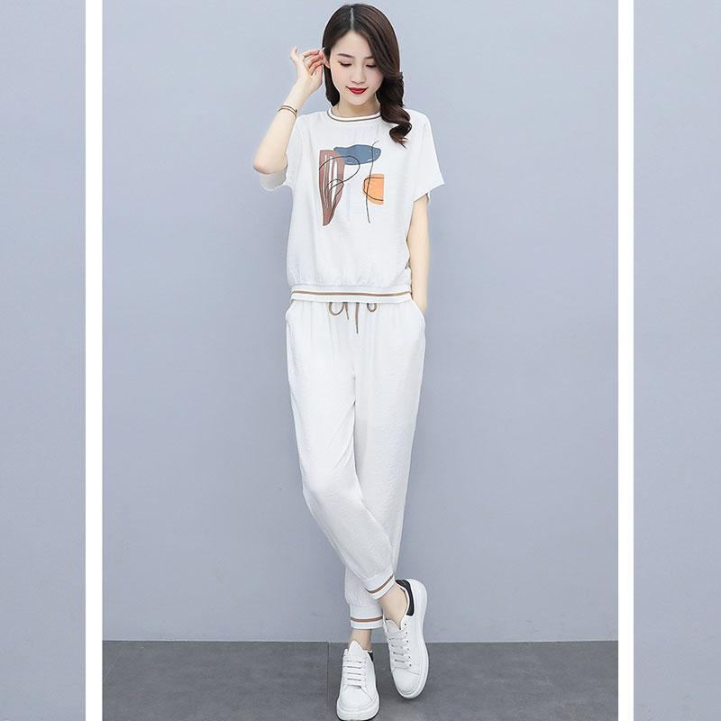 2PCS Women's Leisure Suit Summer Dress Fits Thin Sports Two-piece Short Sleeve Printed T-Shirt + Loose Pants Fitness Jogging Suit