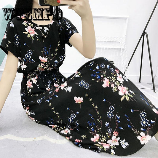 WTEMPO Brand Summer Women Bohemian  Floral Print Short Sleeve Big Swing Long Dress