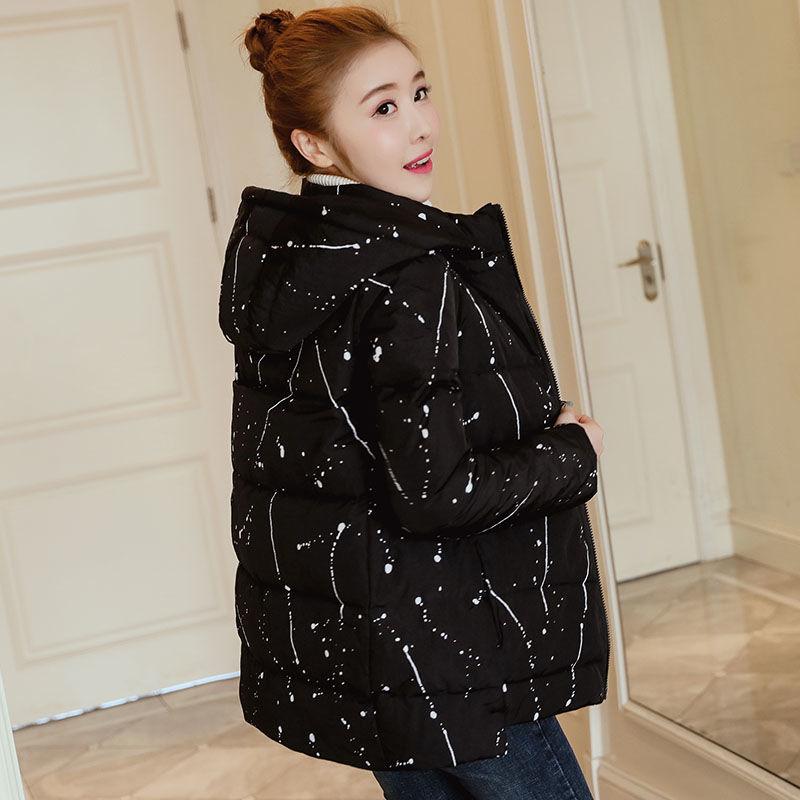 Women Winter Hooded  Jacket Short Cotton Padded Ladies Plus Size  Coat Print Thicken Warm  Parka Stand Collar