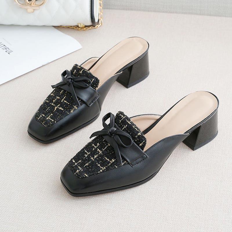 Size 34-40 Women All-match Shiny PU Leather Slippers Outdoor Diamond High Heels Bohemian Beach Wear-resistant Non-slip Black Sandals