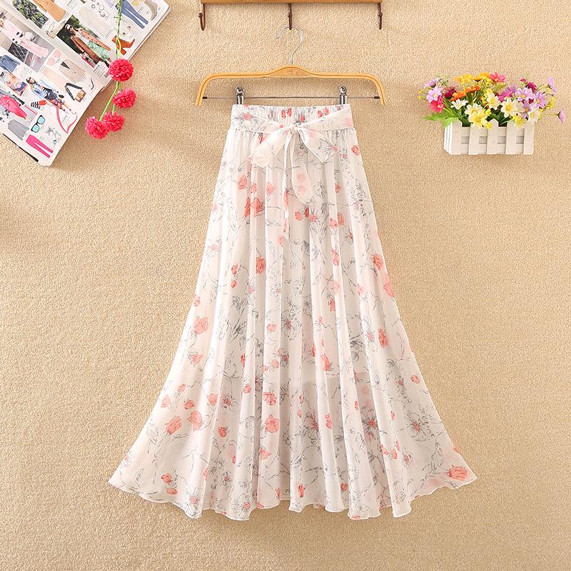 Floral Chiffon Floral Long Skirt Summer High Waist Loose A-line Skirt Half-length Skirt Female Summer Mid-length Skirt Fabric Light and Breathable