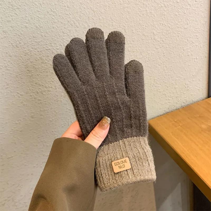 Women's Autumn and Winter Gloves Thickened Cold Proof Touch Screen Warm Knitted Mittens Full Finger Riding Woolen Knitting Matching Gloves