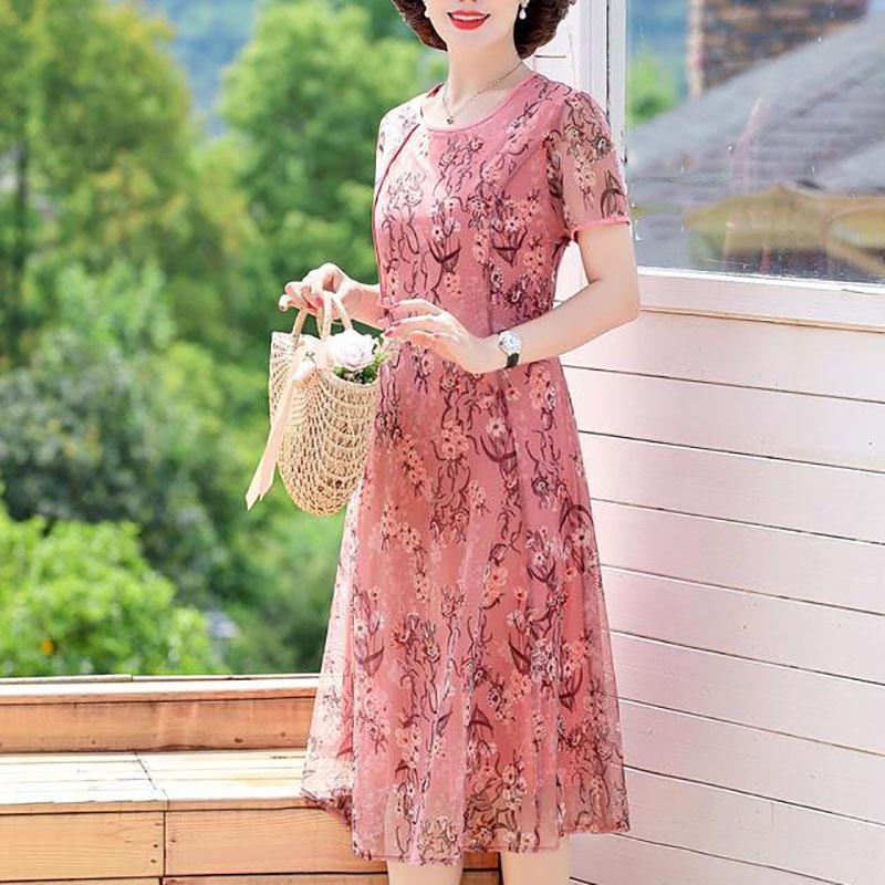 Mom Summer Dress Middle-aged and Elderly Women's Noble Mid-length Chiffon Over The Knee Summer Dress