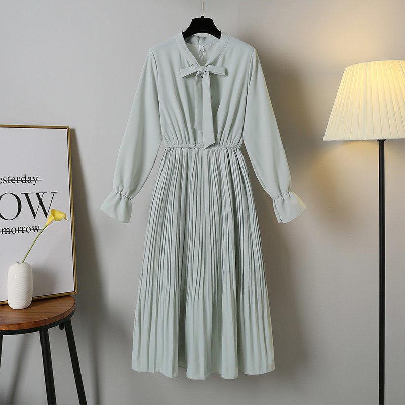 Female Simple Elegant Base Casual Dress Slim Bow V-neck Pleated Vintage High Waist Holiday Dress