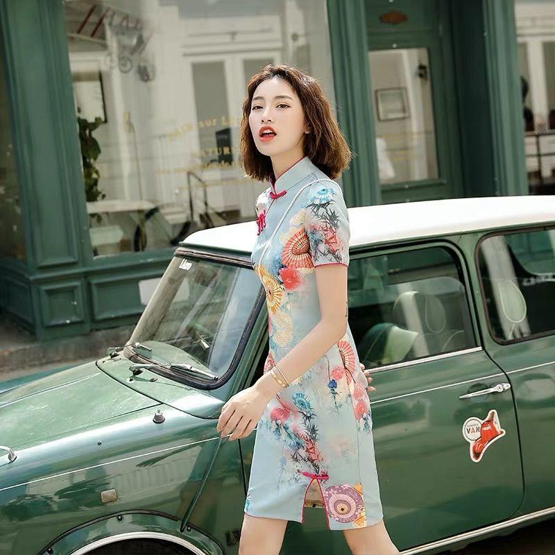 Plus Size Cheongsam Dress Short-sleeved Improved Version of Middle-aged Mother Cheongsam Was Thin Women's Mid-length