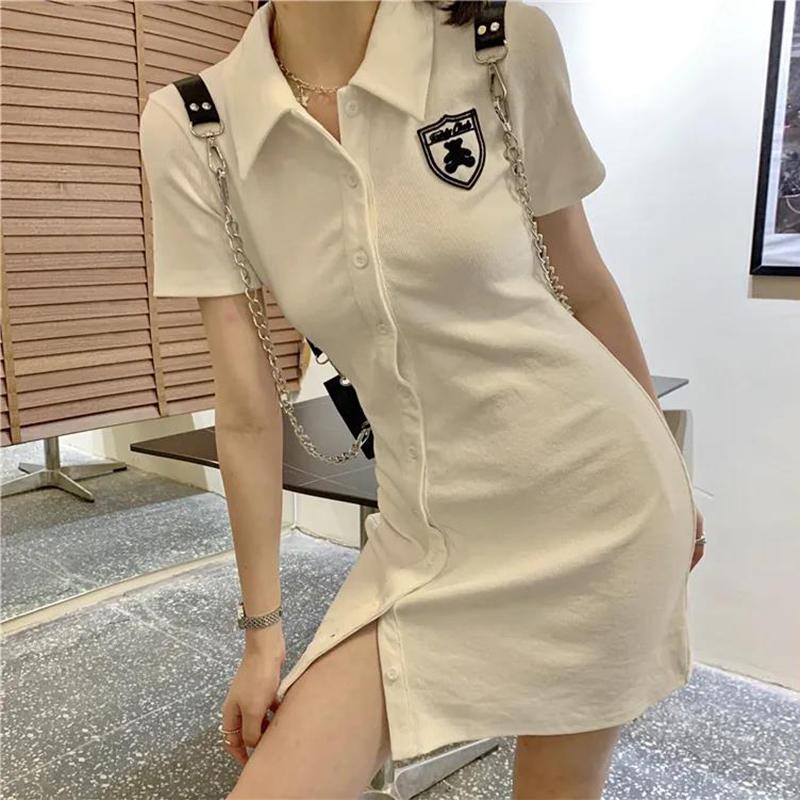 Bag Hip Polo collar Dress Female Summer Oblique Buckle Gray Single-breasted Temperament Skirt with Reduced Waist and Slim