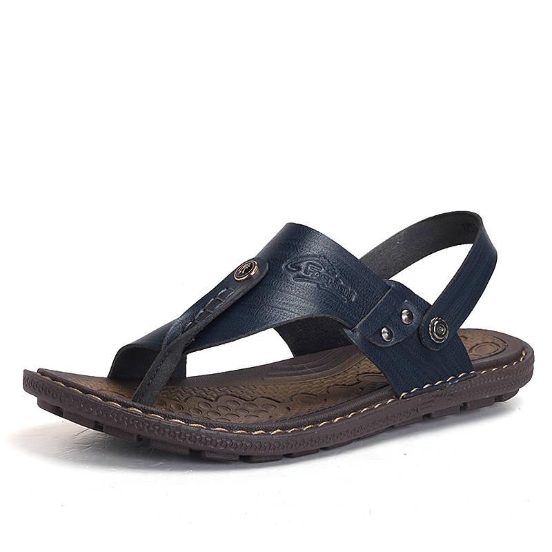 Men's Summer Leather Casual Beach Shoes Leather Flat Non-slip Sandals Slippers Dual-purpose Shoes