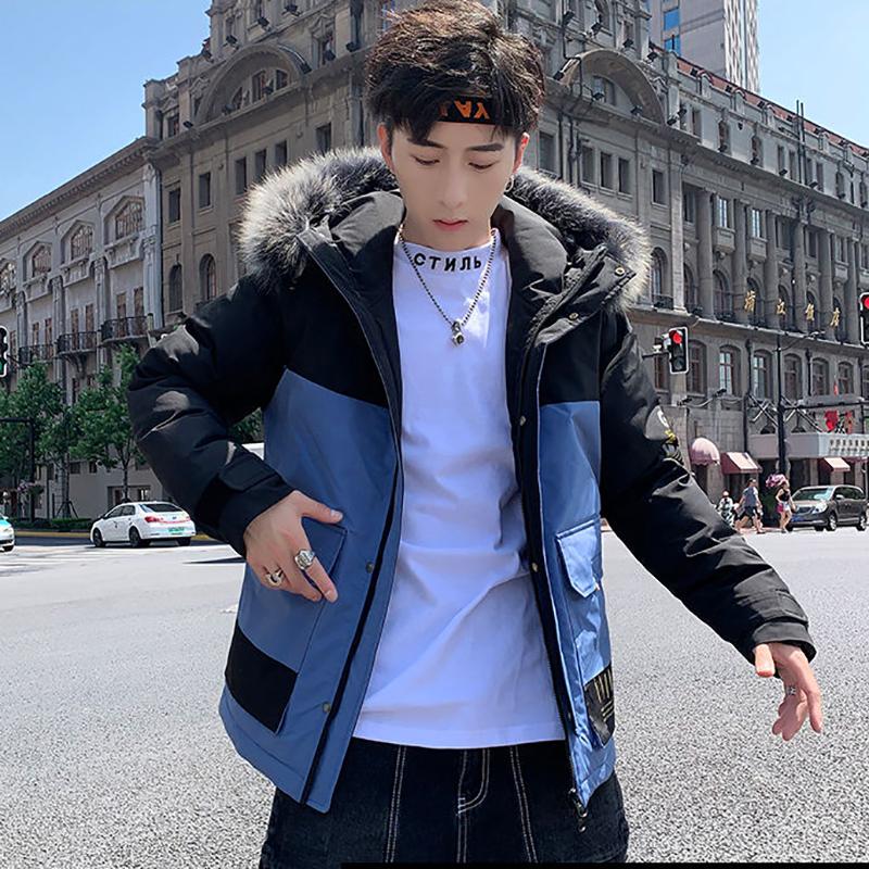 Fashion Short Parker Jacket Winter Fashion Men's Cotton Jacket Youth Thicken Stitching Trendy Brand Hooded Cotton Jacket Loose Men's Cotton Jacket