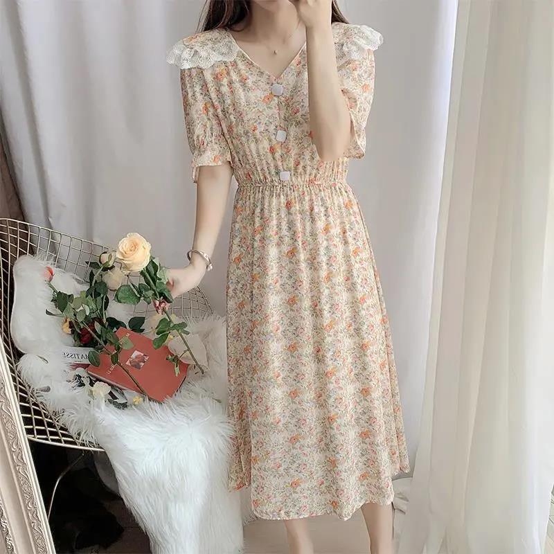 Women Summer Vintage High Waist Fairy Holiday Long Dress Elegant Slim Lace Peter Pan Collar Idyllic Floral Printed Dress