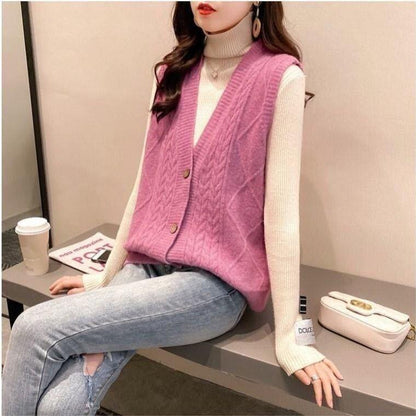 Autumn and Winter Solid Color Vest V-neck Knitted Waistcoat Loose Button Coat All-match