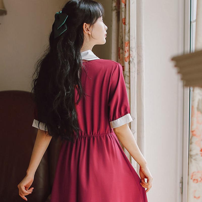 College Style Retro Slim Waist Temperament Dress Female Short-sleeved Mid-length Skirt A-line Skirt Bow Decoration Sweet and Cute