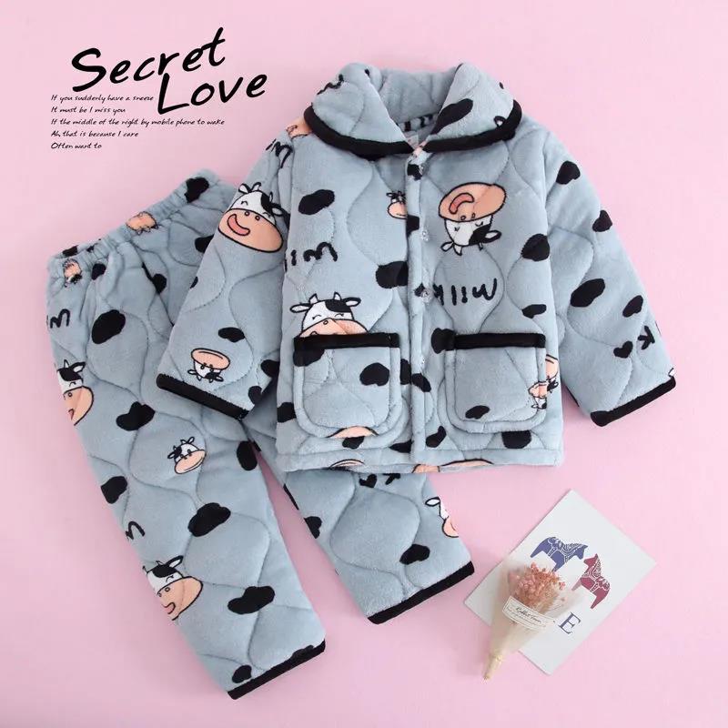 Winter Children's Three-layer Quilted Pajamas Flannel Girls and Boys Coral Fleece Suit Baby Thickened Solid Color Home Service