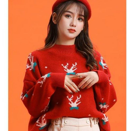 Pofulove Red Half Turtleneck Sweater Lovely Elk Christmas Loose Sweater Long-sleeved Autumn Winter