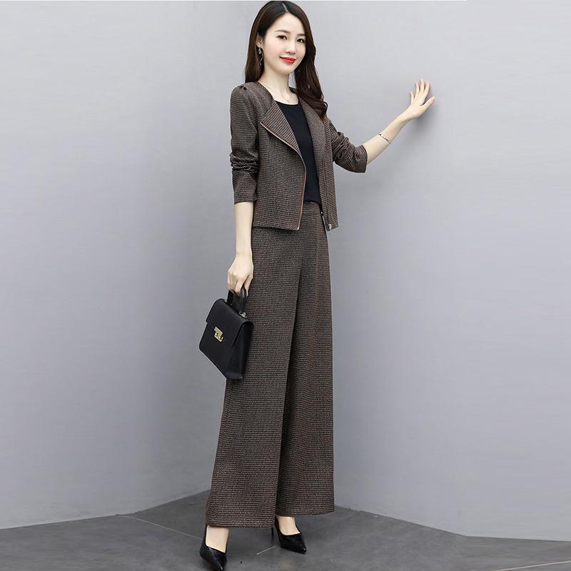 Set Autumn Plaid Trousers Fashion Casual Temperament Houndstooth Short Coat Two-piece Suit Women