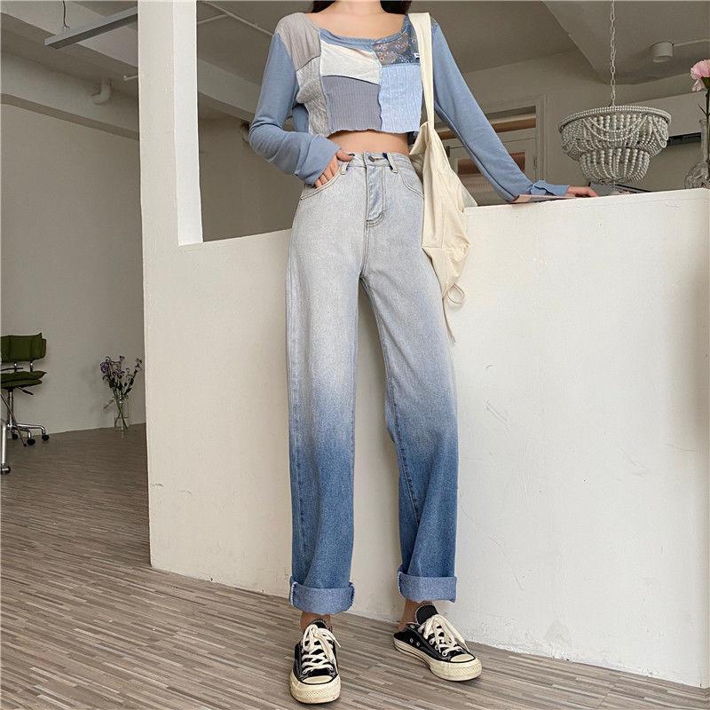 Autumn Design Sense Gradient High-waisted Jeans Women's Straight Loose Wide-leg Trousers Trend