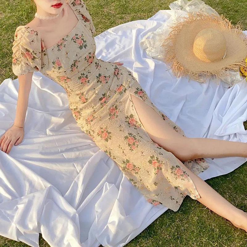 Female Vintage High Waist Super Fairy Holiday Dress Elegant Hollow Out Embroidery Split Party Dress