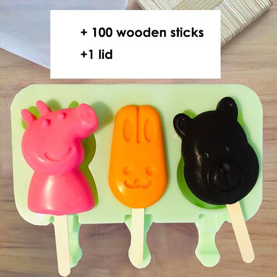 Homemade Food Grade Silicone Ice Cream Molds Ice Lolly Moulds Freezer Cartoon Ice Cream Bar Molds Maker with 100 Popsicle Sticks