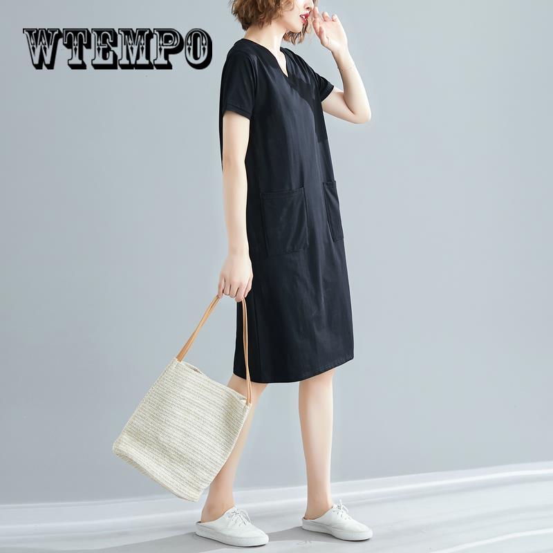 2019 Women Elegant O Neck Half Sleeve Pocket Loose Party Dress Half Sleeve Solid dresses robe femme