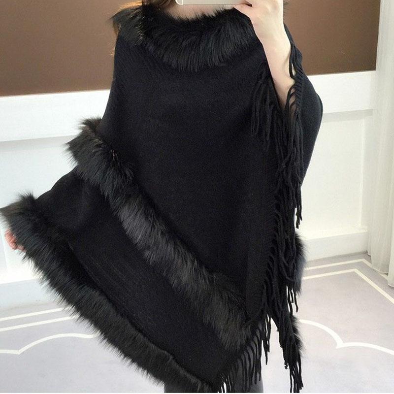 Autumn and Winter Imitation Fox Fur Cloak Shawl Bat Shirt Female Fur Collar Coat Plus Size Tassel Mid-length Sweater Coat