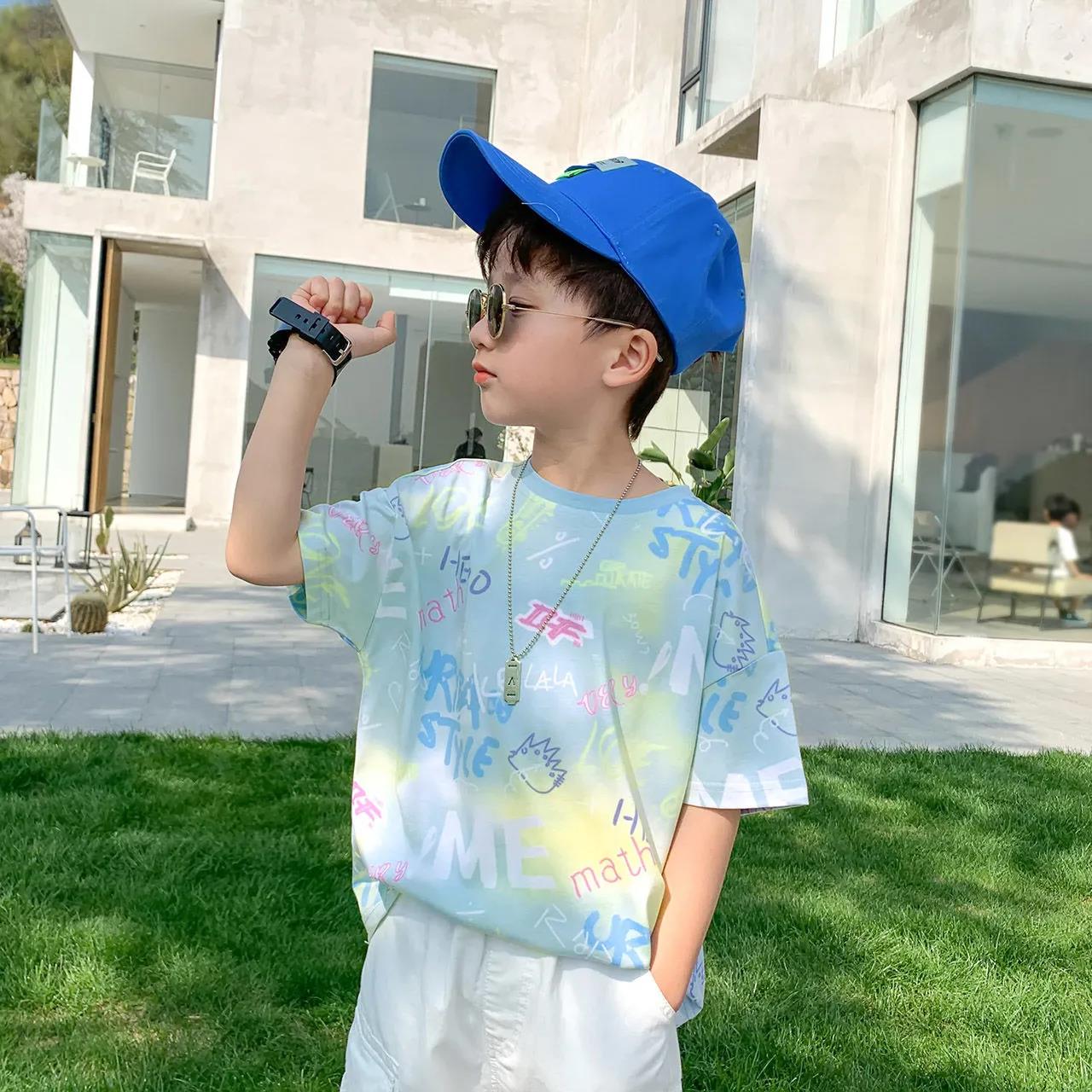 Boys and Girls Short-sleeved T-shirt Tie-dye Summer Big Boys Half-sleeved Bottoming Shirt Handsome Tops Children