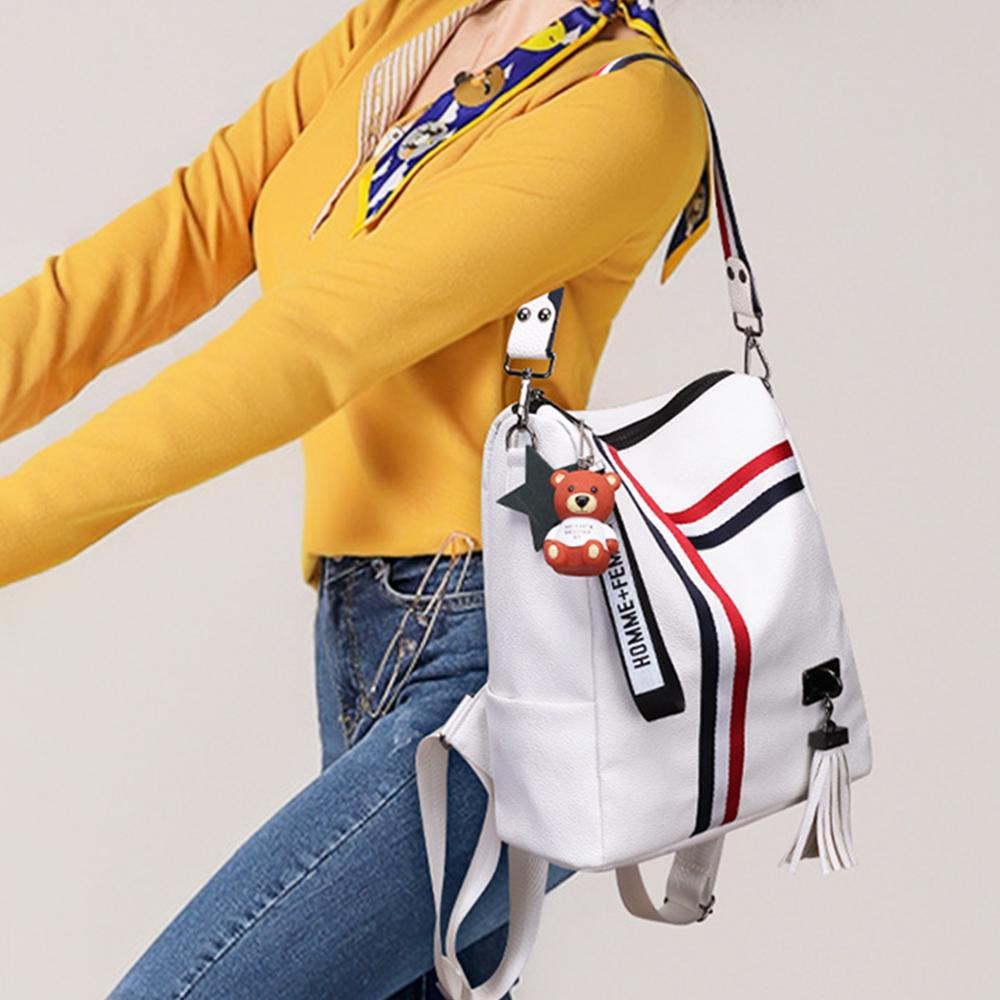 Fashion Cartoon School Bag Female PU Leather Travel Bag Gril's Stripe Pendant Backpack