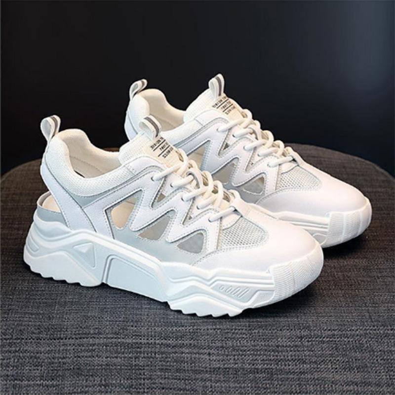 Hollow Dad Shoes Summer Models Breathable Solid Color High-heeled Women's Thick-soled Lace-up Casual Sports Shoes Women