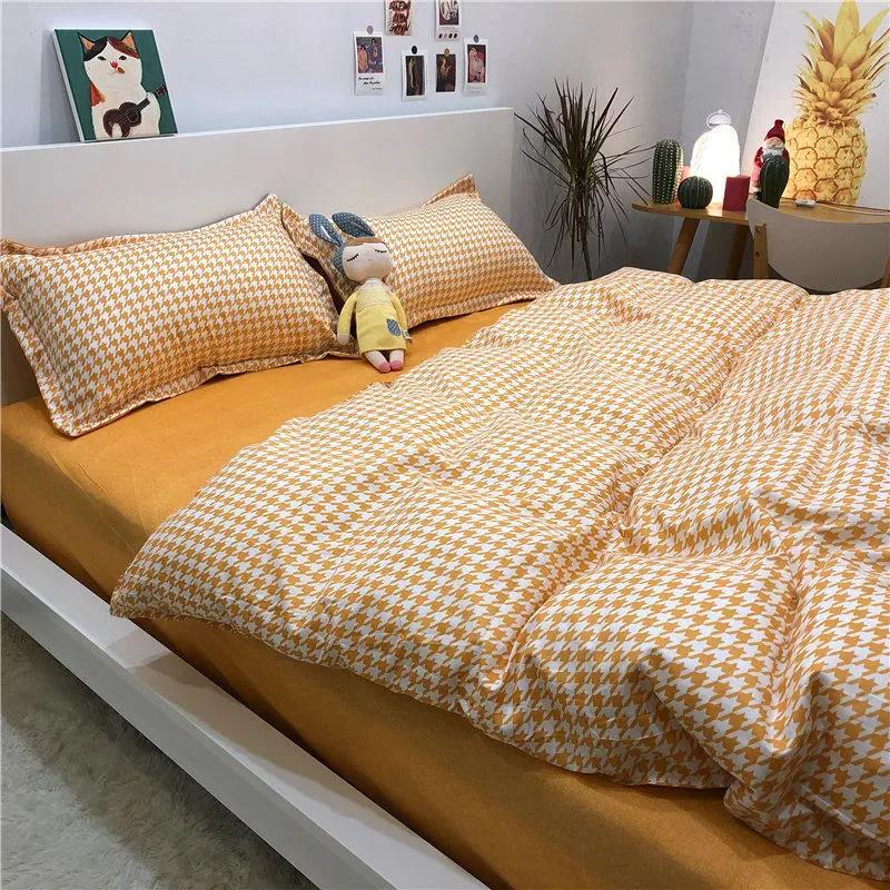 Houndstooth Nordic Simple Ins Bed Four-piece Set of Sanding Quilt Cover Sheet Washed Cotton Student Dormitory Three-piece Set