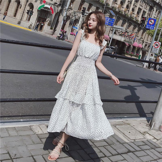 Mid-length Sling Chiffon Polka Dot Floral Dress Female Slimming Fairy Long Skirt Sling Polka Dot Dress Large Skirt A-line Version