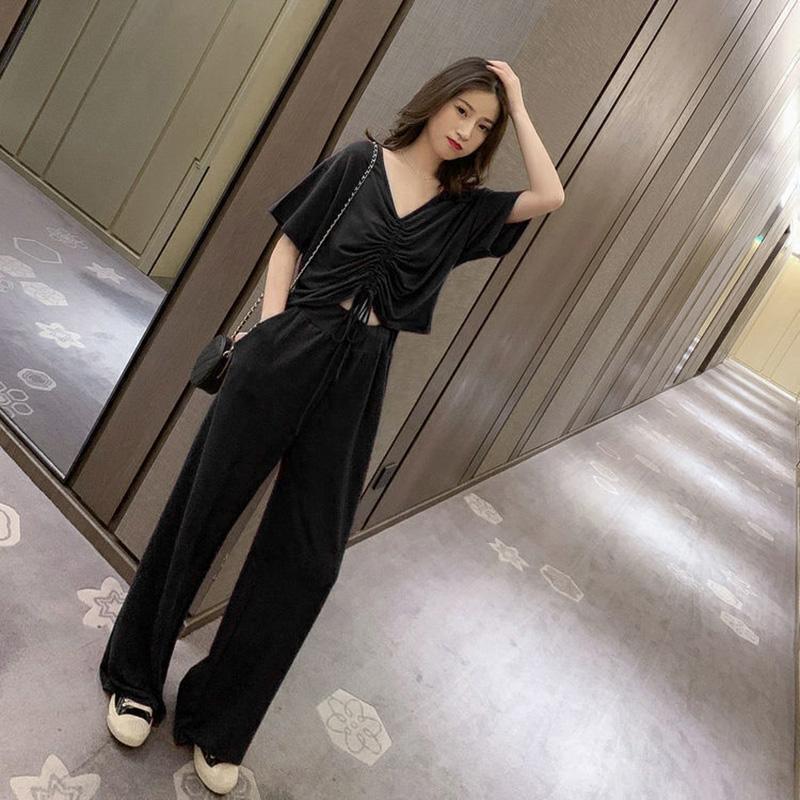 Casual Two-piece Women's Summer Slim Short-sleeved T-shirt Women's High-waist Wide-leg Pants Suit V-neck Short-sleeved Top Sexy Waist Slimming