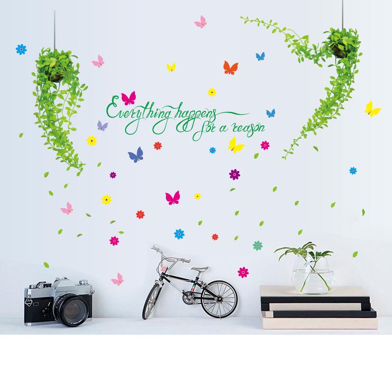 Fresh hanging baskets Pastoral style room background decorative wall stickers leaves wallpaper