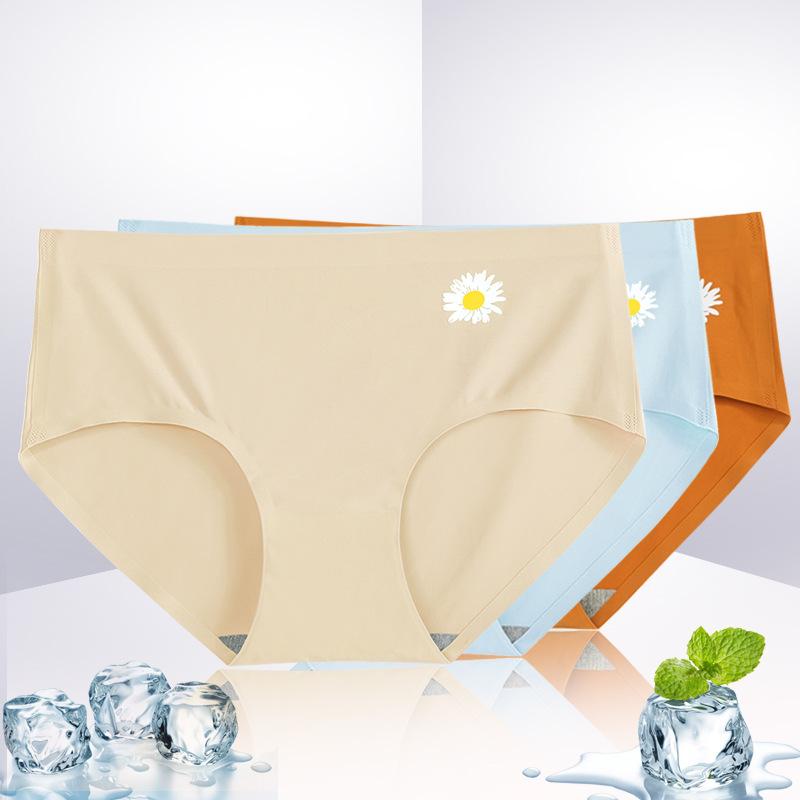 3Pcs/Set Women's Daisy Panties Female Seamless Ice Silk Mid-waist Underpants Ladies Cotton Crotch Briefs