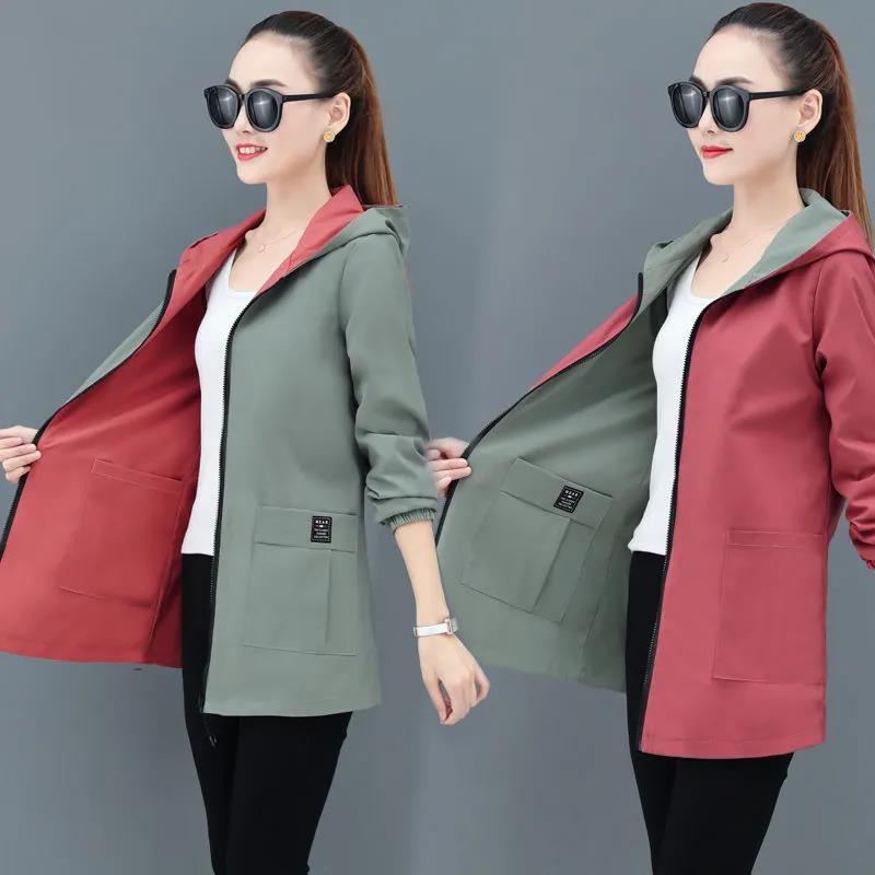 Double-sided Windbreaker Jacket Women's Mid-length 2021 Spring and Autumn Korean Loose Large Size Hooded Spring Top