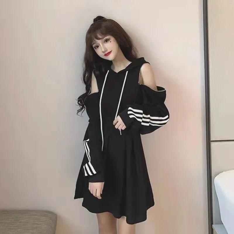 Black Skirt Side Zipper Long-sleeved Off-the-shoulder Dress Western Style High Street Sweater Dress Striped Skirt