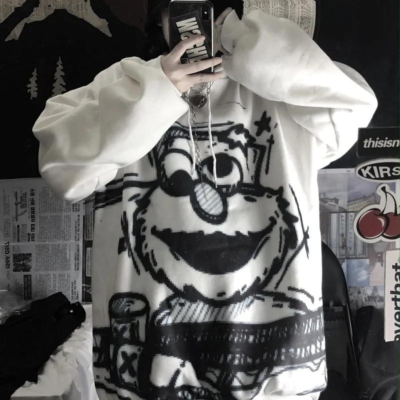 Hooded Sweatshirts Cartoon Printed Oversized Loose Harajuku Hoodies Women Winter Fleece Clothes Streetwear Hip Hop Pullover Tops Plus Size Sportshirts