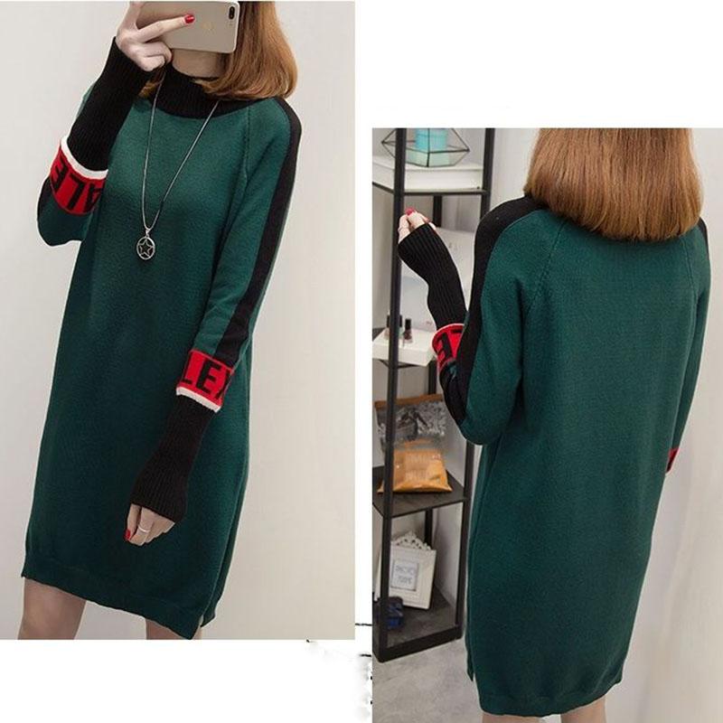 Autumn and Winter Color Matching Plus Size Dress Mid-length Loose Knit Bottoming Shirt Thick Half High Neck Women's Sweater Dress