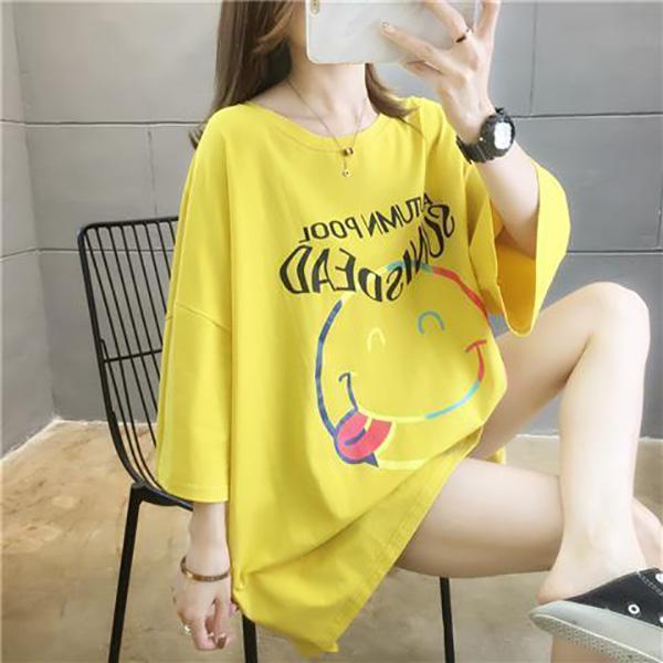 Cute Smiley Women Dress Girl Loose O-Neck Casual Long T-shirt Dress Big Loose Home Comfort Outer Convenient Nightdress Pajamas