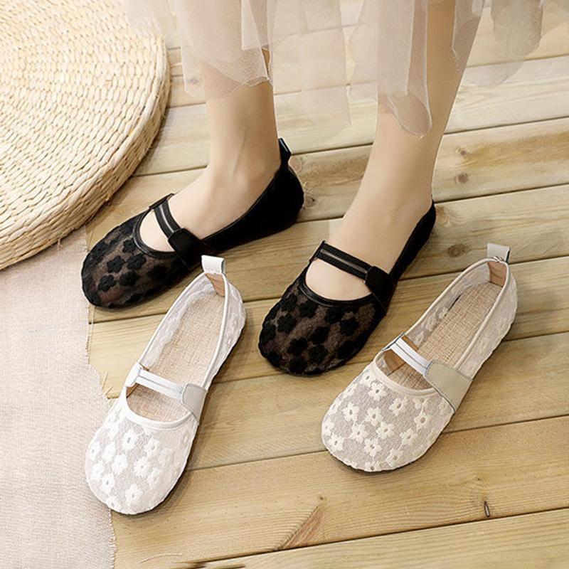 Bowknot Single Shoes Women's Flat Shallow Mouth Cotton and Linen Hollow Mesh Breathable Peas Shoes Women's Moccasin Shoes